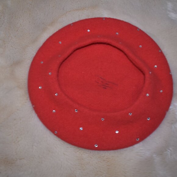 Vintage Red Wool Beret French Girl Style Sparkly Embellished Hat Chic - Picture 10 of 12